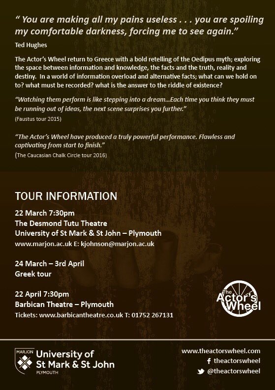 BarbicanTheatre's tweet photo. #DevonHour Saturday sees the return of acclaimed @TheActorsWheel with Blindsighted: A Response to Oedipus. 🎟£10/£8. https://t.co/tDcq2fLlIM https://t.co/V17zKZghLF