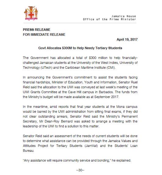 AndrewHolnessJM's tweet photo. PRESS RELEASE: Govt Allocates $300M to Help Needy Tertiary Students https://t.co/Pul5w7yIc6