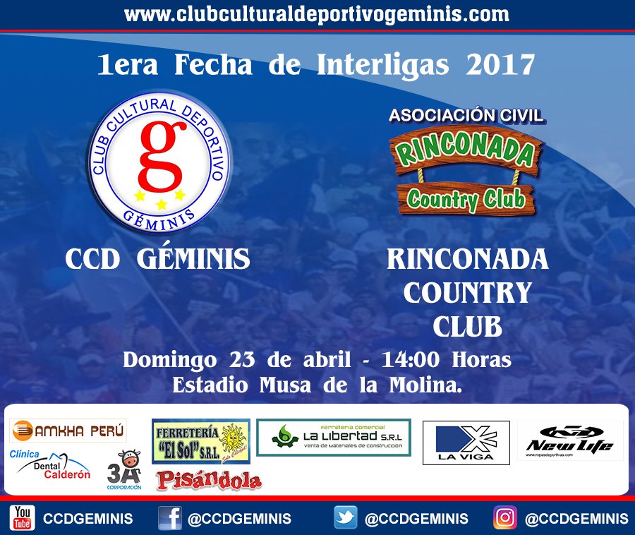 CCDGeminis's tweet photo. Este Domingo jugamos en la Molina a las 2.00 pm y luego juega Garra Comeña!! #Interligas2017 #CopaPeru2017 https://t.co/SD3cvrKJG9