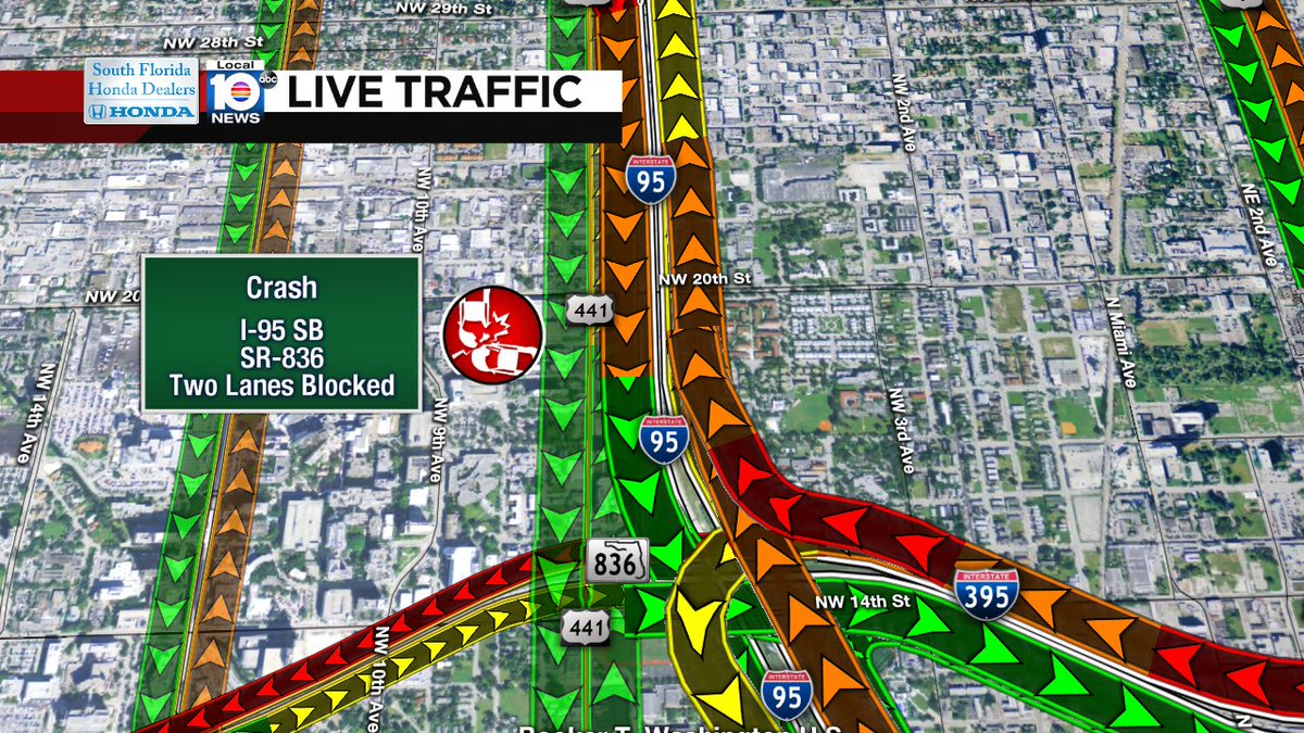 CRASH: I-95 SB & SR-836. Two lanes are blocked. Expect delays. #TRAFFIC #MIAMI https://t.co/owZXZfuhZI