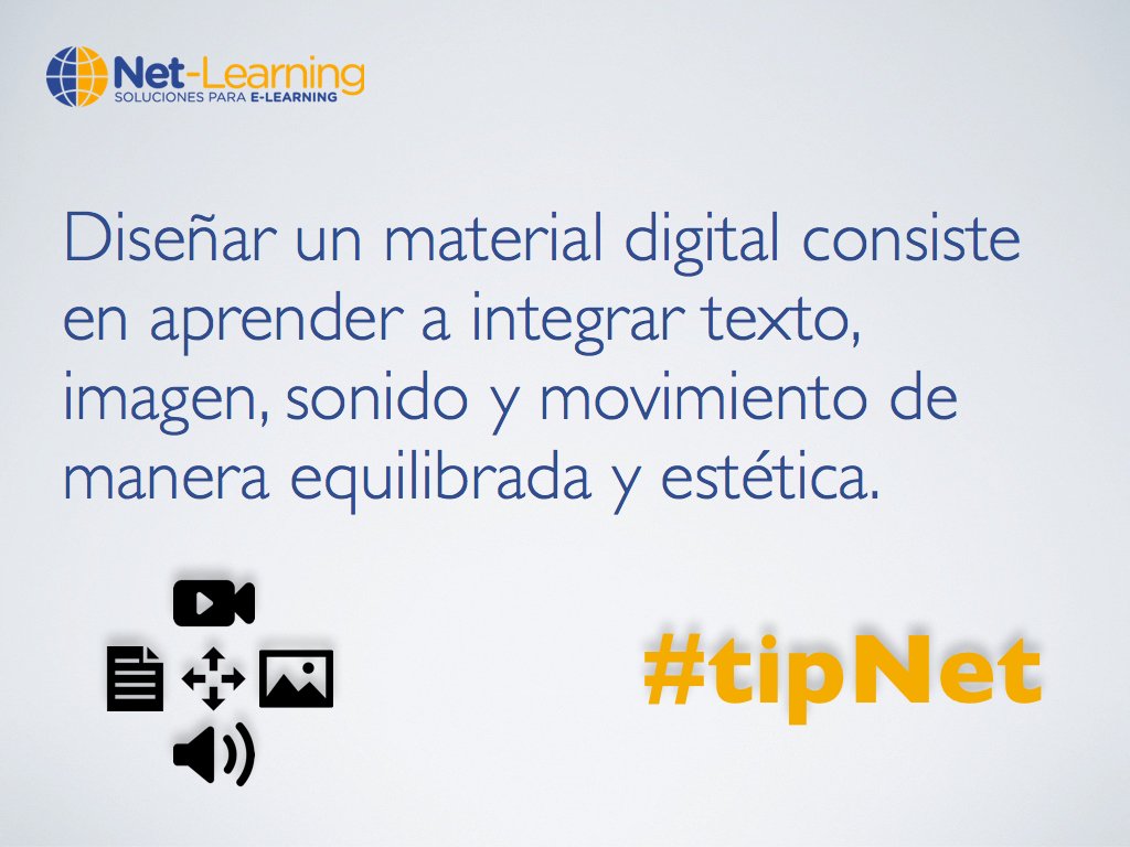 netlearning20's tweet photo. Para diseñar un material digital hay que integrar diferentes elementos de manera equilibrada. #tipNet #elearning https://t.co/RbLOsam7r0