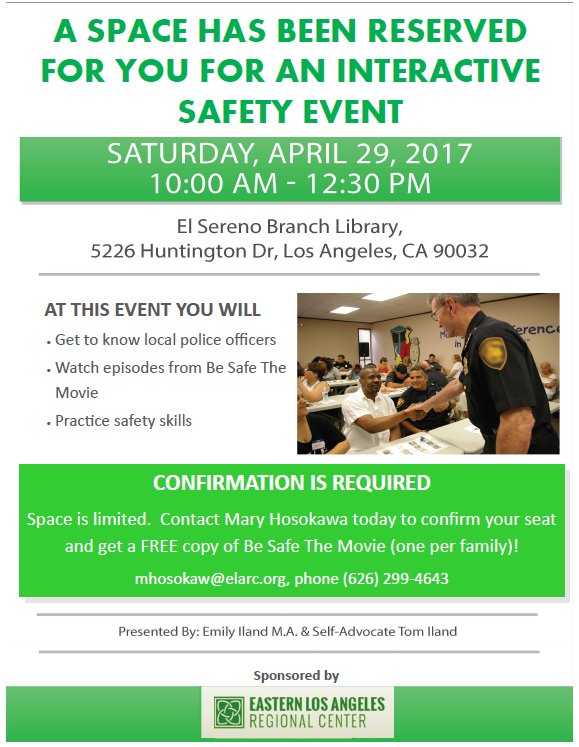 EasternLA_RC's tweet image. ELARC is hosting a “BE SAFE” workshop. This event is designed to teach those served by #ELARC how to interact safely with law enforcement.