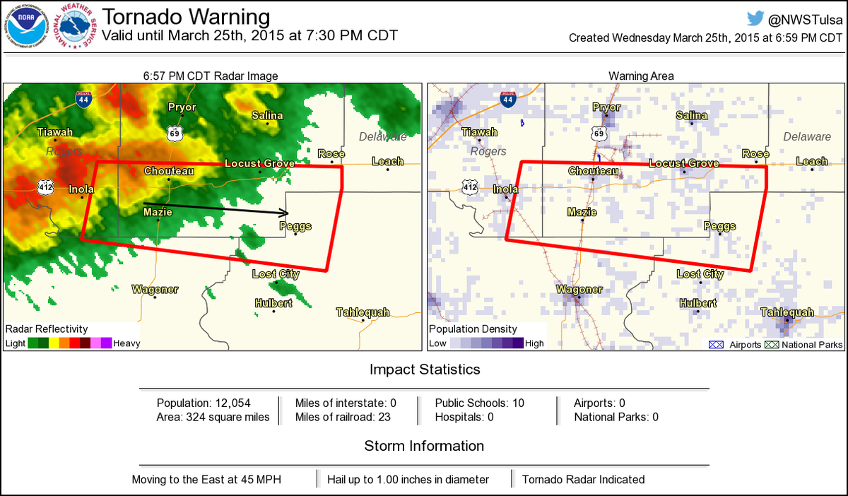Tornado Warning including Chouteau OK, Peggs OK, Mazie OK until 730 PM CDT NWS Tornado