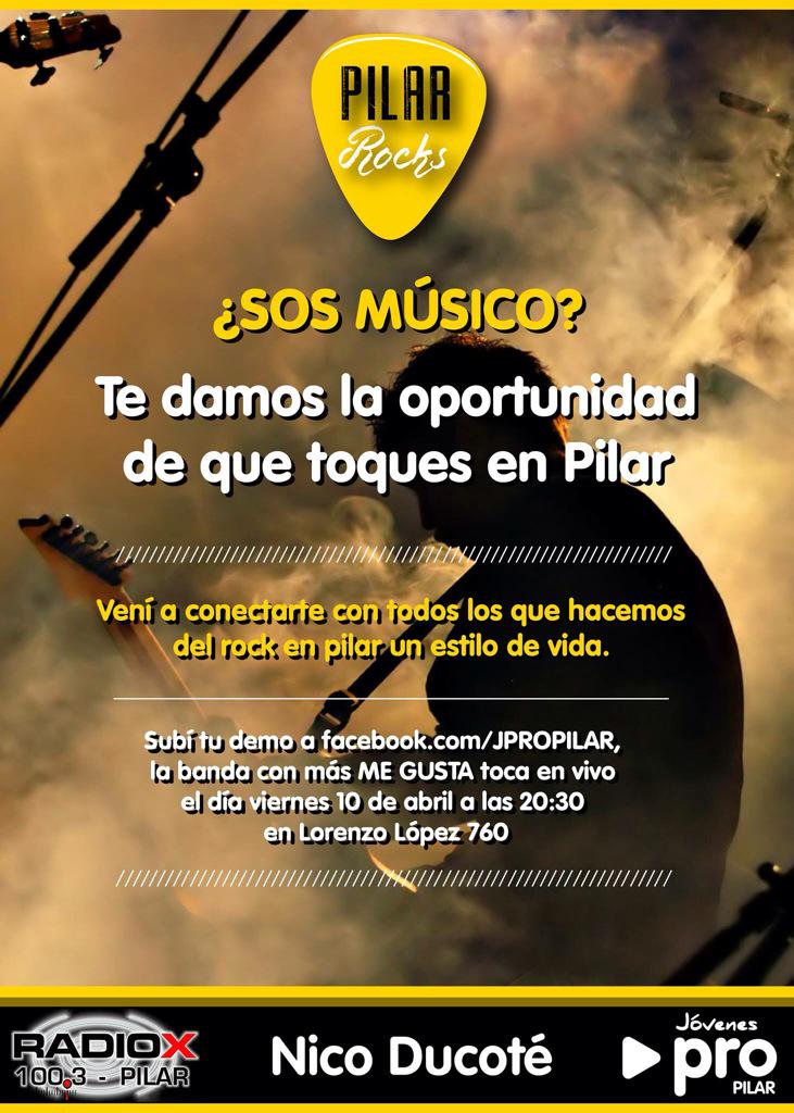 JProPilar's tweet photo. ¡NO TE QUEDES FUERA! ¿Sos músico? Hay una oportunidad que te espera para que vos y tu banda toquen en #Pilar EN VIVO. http://t.co/MMKY7Gl9Dj
