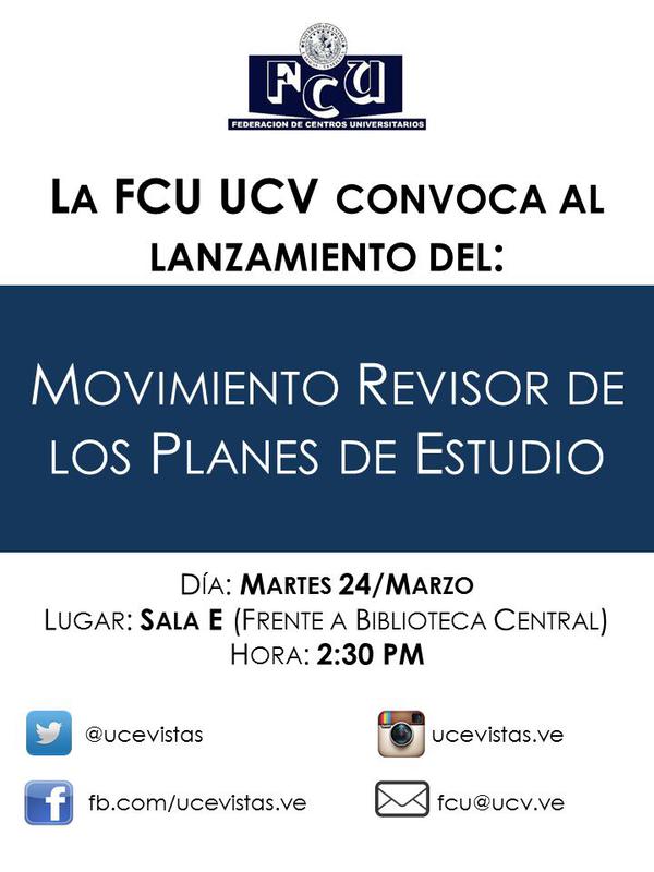NotiUCV's tweet photo. Lanzamiento del Movimiento Revisor de Planes de Estudio #UCV. En la FCU estamos comprometidos con la Renovación http://t.co/ln3mLzjppo