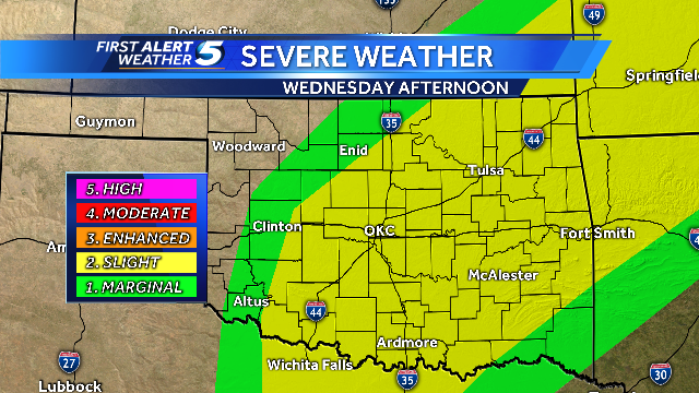 KOCOdamonlane's tweet photo. Oklahoma: This is the OFFICIAL severe risk map for Weds. SLIGHT RISK. OKC Metro included. Hail and winds http://t.co/5jsMoFCjm2