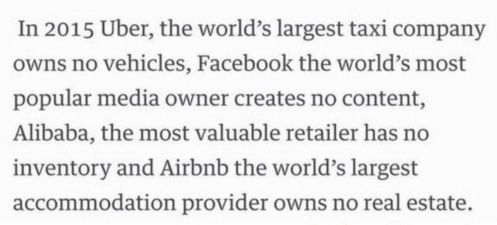 ValaAfshar's tweet image. Era of disruption:

Uber owns no cars
Facebook creates no content
Airbnb owns no real-estate

tcrn.ch/18jkqMr