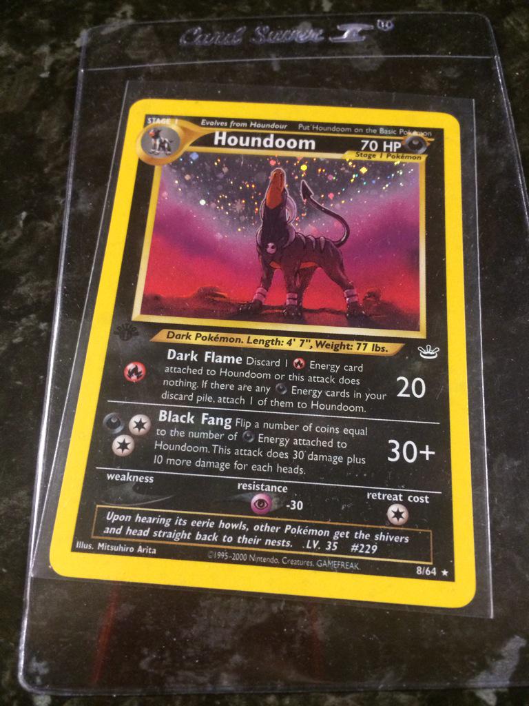 PokemonBible's tweet photo. FREE GIVEAWAY! To win just RT + Follow :) 1st Edition Holo Houndoom. Beautiful artwork! Winner announced at 500 RT's http://t.co/56ISszFnys