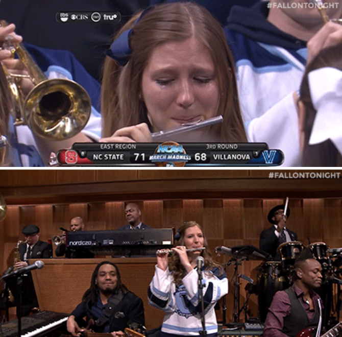 FallonTonight's tweet photo. Roxanne Chalifoux, the crying Villanova piccolo player, chats with Jimmy about her new fame! https://t.co/G5xxElqnKM http://t.co/GMFhI4rWH2