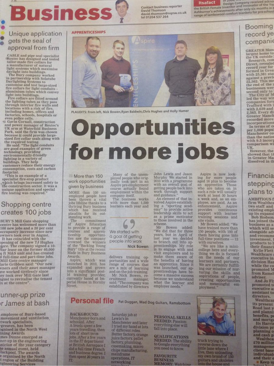AspireTweet's tweet photo. Aspire; Creating job opportunities for young people via free apprenticeships. Recognised in Bury Times. #plaudits http://t.co/KTmHop7sH2