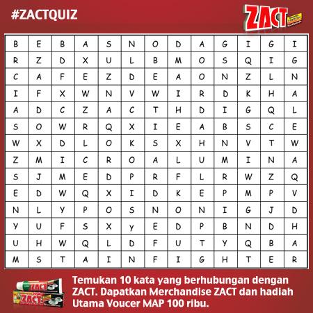 zactID's tweet photo. Temukan 10 kata yg berhubungan dengan ZACT, mention 3 orang &amp; menangkan Merchandise ZACT &amp; Voucer MAP 100 K #ZACTQuiz http://t.co/MbIhpwBwYr