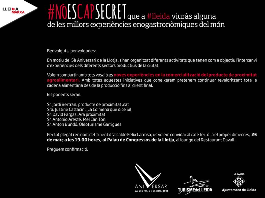 lallotjalleida's tweet photo. 25/3, cafè tertúlia al #Davall de La Llotja, 19:00h, sobre producte de proximitat. Confirmació: @turismedelleida http://t.co/97o5JM2GVT