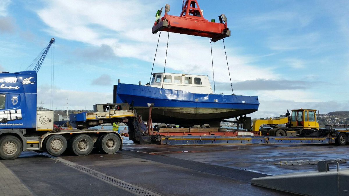 CelticShipping's tweet photo. Shipping of Pilot boat from Galway to Montevideo. craned from water, onto low loader to port, onto mafi for shipping http://t.co/6DfpaKSbse
