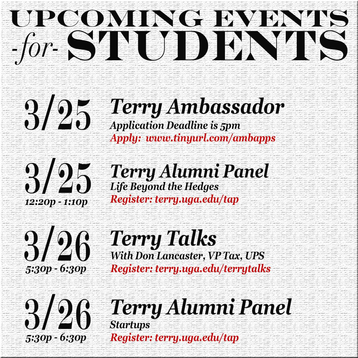 TerryToday's tweet image. The week just keeps on rolling, and we have a lot of exciting opportunities in store for Terry students!