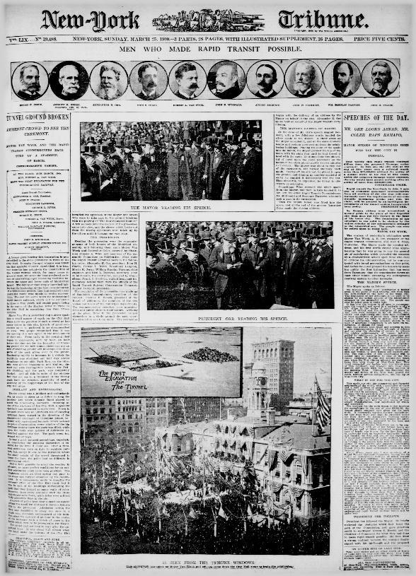 BoweryBoys's tweet photo. 115 yrs ago today: Ground broken at City Hall for construction of the New York City subway. Two front pages that day: http://t.co/gWRsO8Hedb