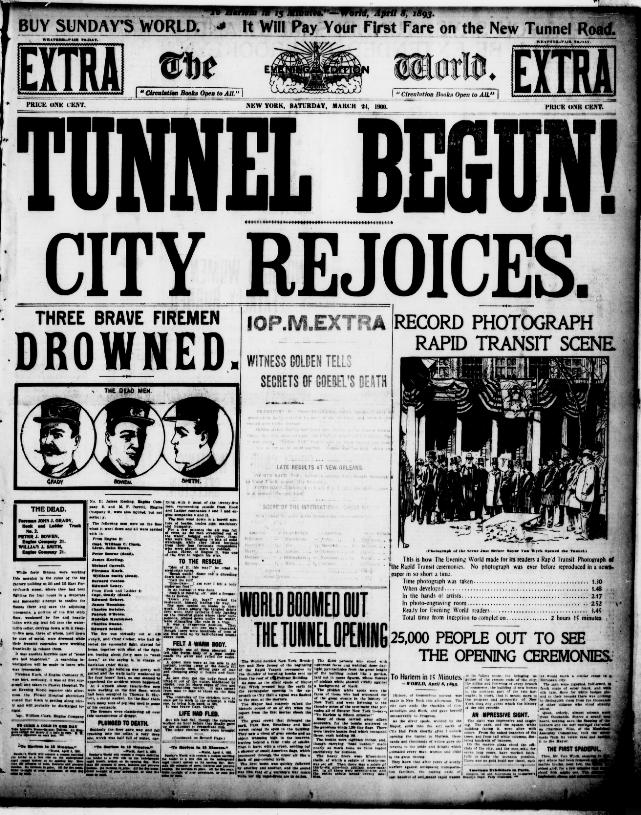 BoweryBoys's tweet photo. 115 yrs ago today: Ground broken at City Hall for construction of the New York City subway. Two front pages that day: http://t.co/gWRsO8Hedb