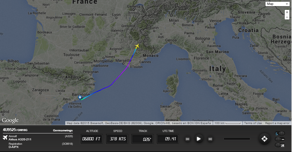 flightradar24's tweet photo. #4U9525 was following the same flight path as yesterday
Yesterday http://t.co/59MOETk0Gd
Today http://t.co/21vkfBS38D http://t.co/BynF6vlVE0