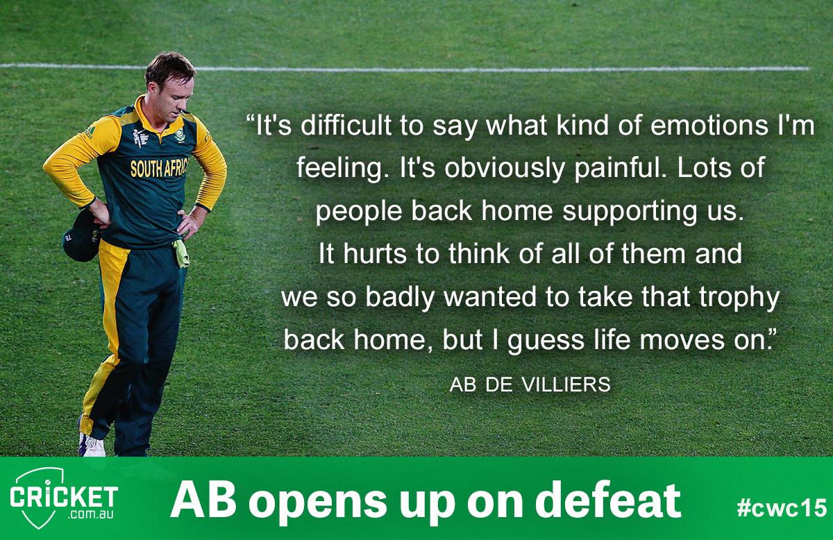 cricketcomau's tweet photo. A candid @ABdeVilliers17 opens up on #NZvSA and talks through THAT final over: http://t.co/20P8j9DUlR #cwc15 http://t.co/PYbVNhr62P