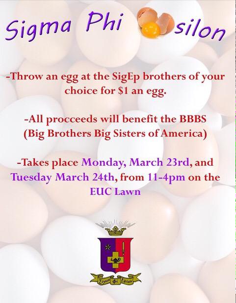 UNCGSigEp's tweet photo. Today is the 2nd day of our philanthropy, Sigma Phi Eggsilon, on the EUC Lawn! Egg a brother of your choice for $1. http://t.co/TkLvK2yYHl