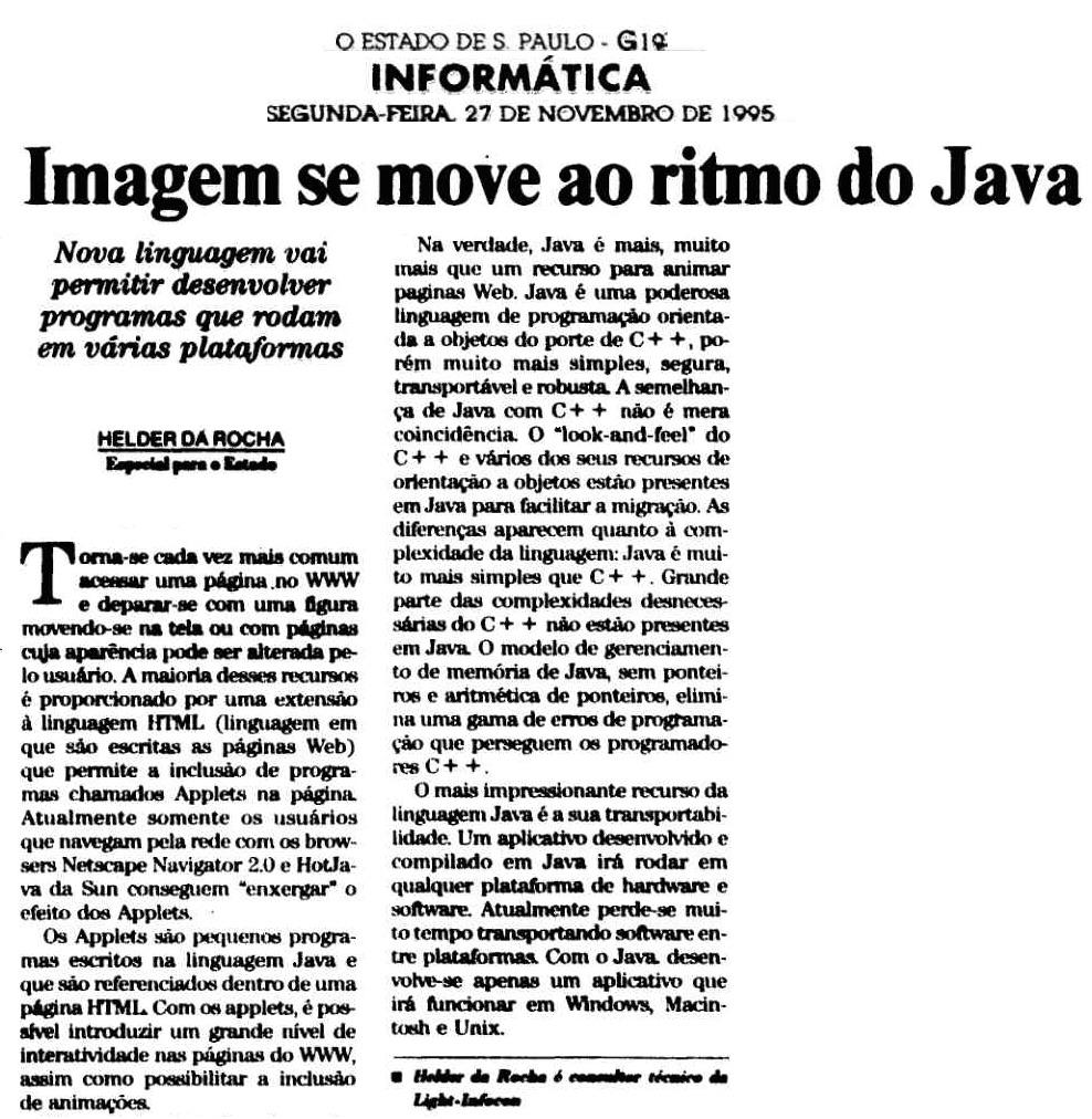 helderdarocha's tweet image. Artigo sobre Java que escrevi para o Estadão em 1995. Não havia GIF animado. Animação na Web só em Java. #Java20Years