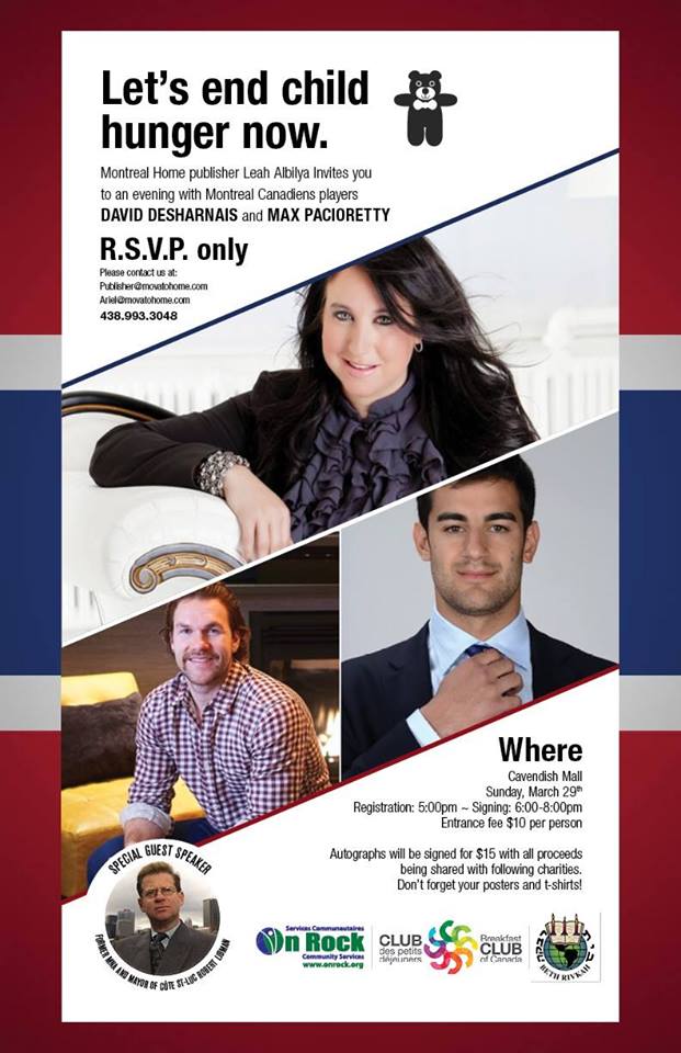 MtlHomeMag's tweet photo. Join @leahlipkowitz, Max Pacioretty &amp; David Desharnais at Cavendish Mall this Sunday to help end child hunger! http://t.co/iC4Rw8rOge