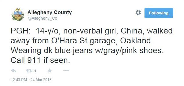WPXI's tweet photo. Authorities in #Pittsburgh searching for non-verbal 14-year-old girl. PLEASE RETWEET. http://t.co/ulDSEqoI9m http://t.co/gp3fpccylG