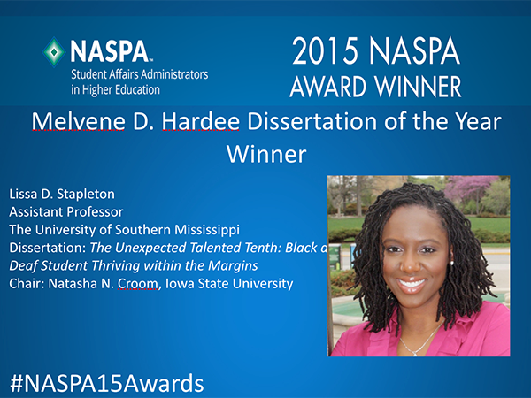 NASPAtweets's tweet photo. The Melvene D. Hardee Dissertation of the Year winner is Lissa Stapleton! #naspa15 #naspa15awards http://t.co/4RgdrDrC6c