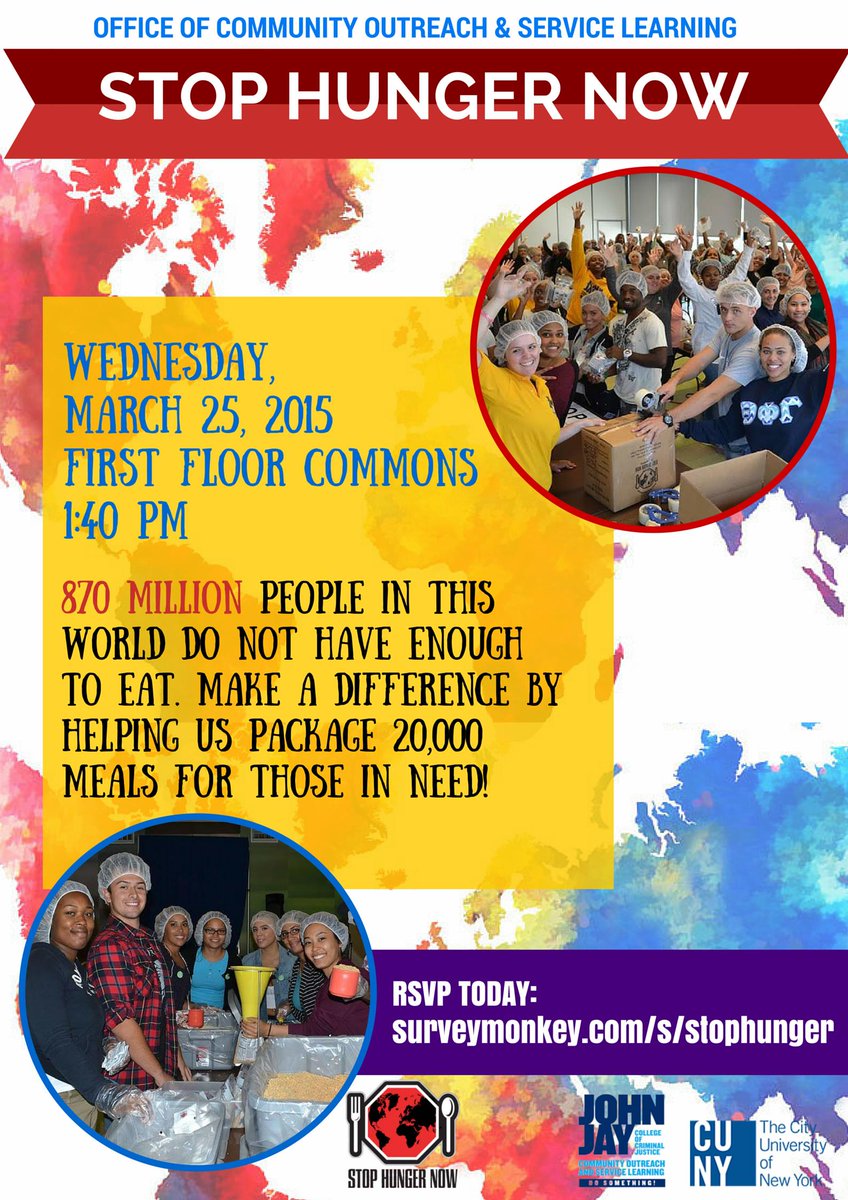JJCOutreach's tweet photo. RSVP for our biggest meal packing event yet, taking place tomorrow, March 25th! http://t.co/kDSP0VkXtU #myjohnjay http://t.co/AayaMWzAyo