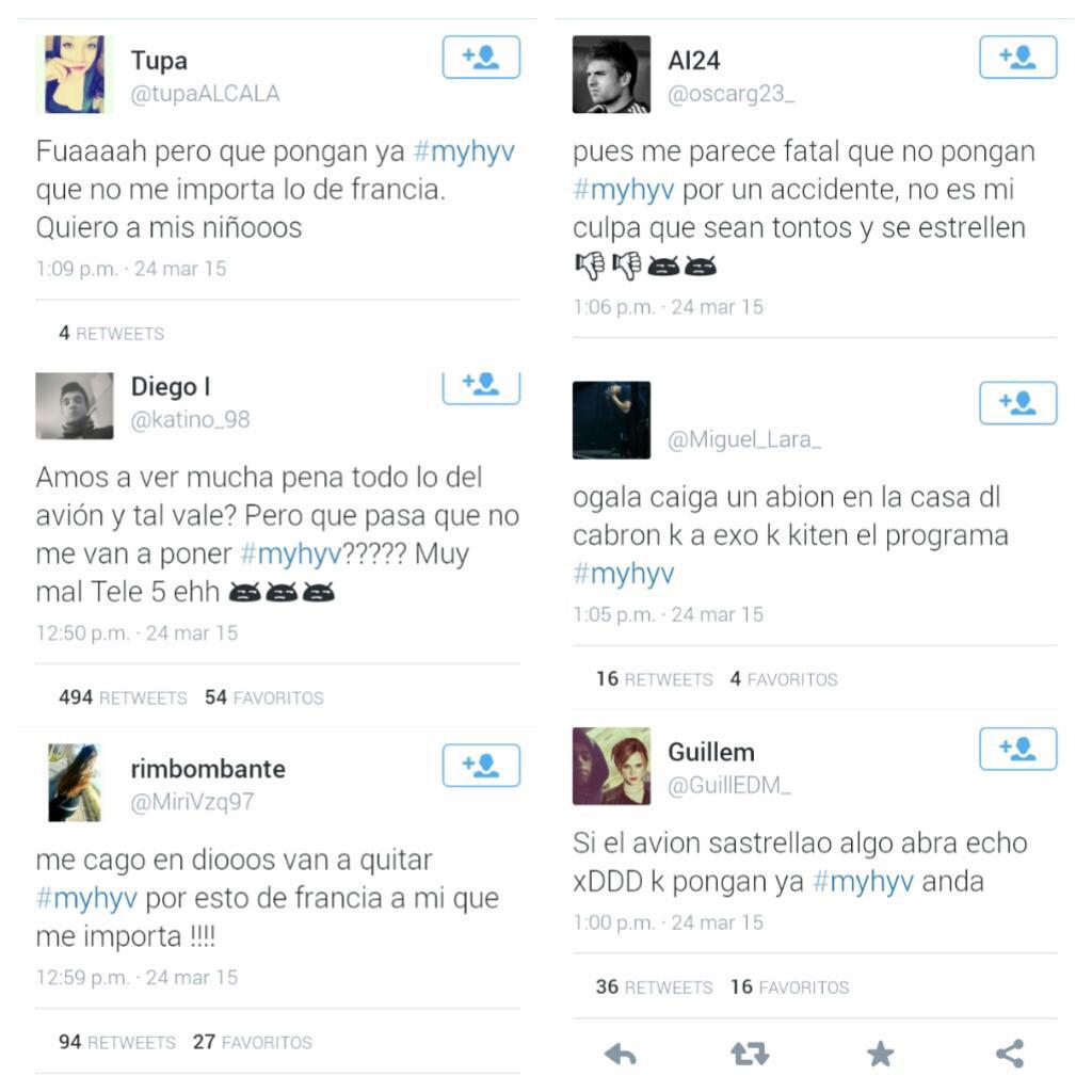 arde_republica's tweet photo. Reacción de muchos fans de #myhyv tras retrasar el programa a causa del accidente de #GermanWings. Vergonzoso. Asco. http://t.co/L3siNXwluq
