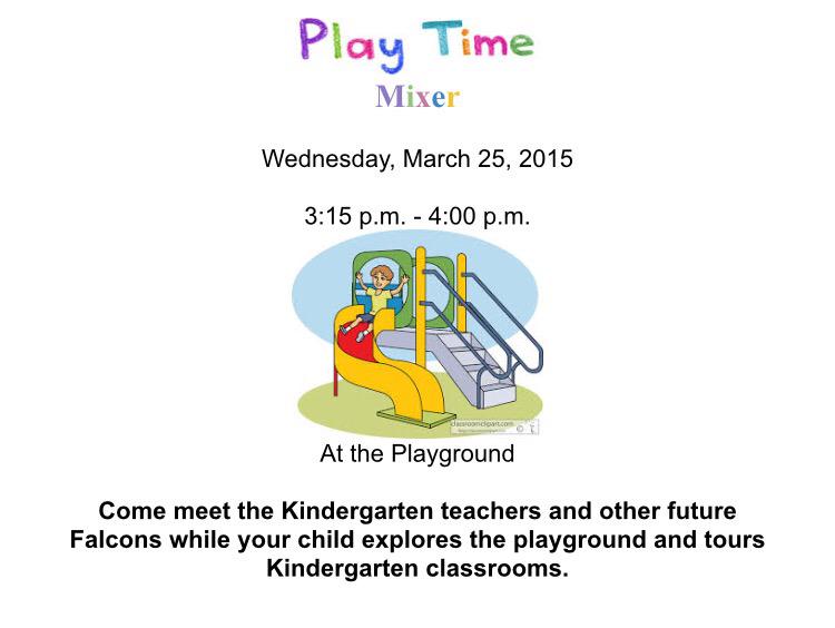 Calling all Future Falcons! Join us for a Playground Mixer tomorrow afternoon! 3/25 from 3:15-4 @ the PCE playground!