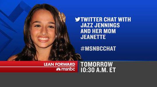 MSNOWNews's tweet photo. Join Jazz Jennings for a Twitter chat! Send your Qs to @iamjazztrans using #msnbcchat. http://t.co/pcIm8fRXK6 http://t.co/SyqhSiF3uI