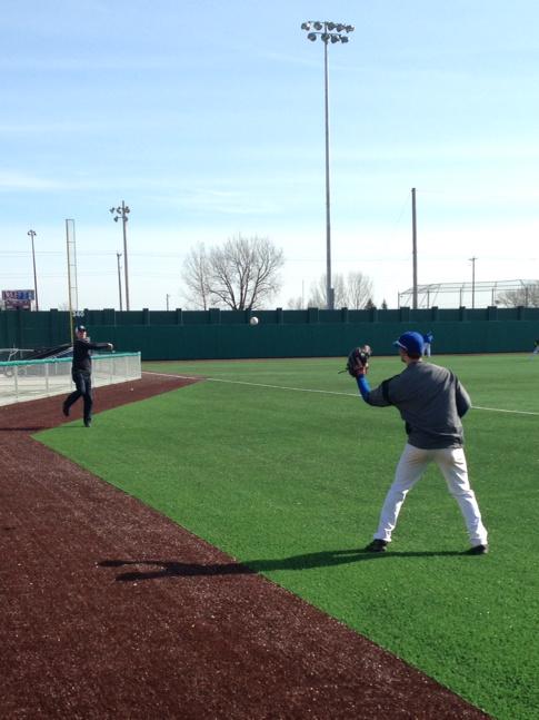 DanielFanning's tweet photo. Mayor Ness warming up w/the @cssbaseball Saints prior to 1st game on new turf at historic #Wade. #BaseballinMarch http://t.co/CjnGnoD9az