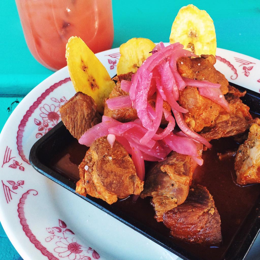 puerco ahumado at <a href="/lacomidalv/">La Comida</a> is a plate of smokey, meaty goodness. washed it down with a blood orange margarita.