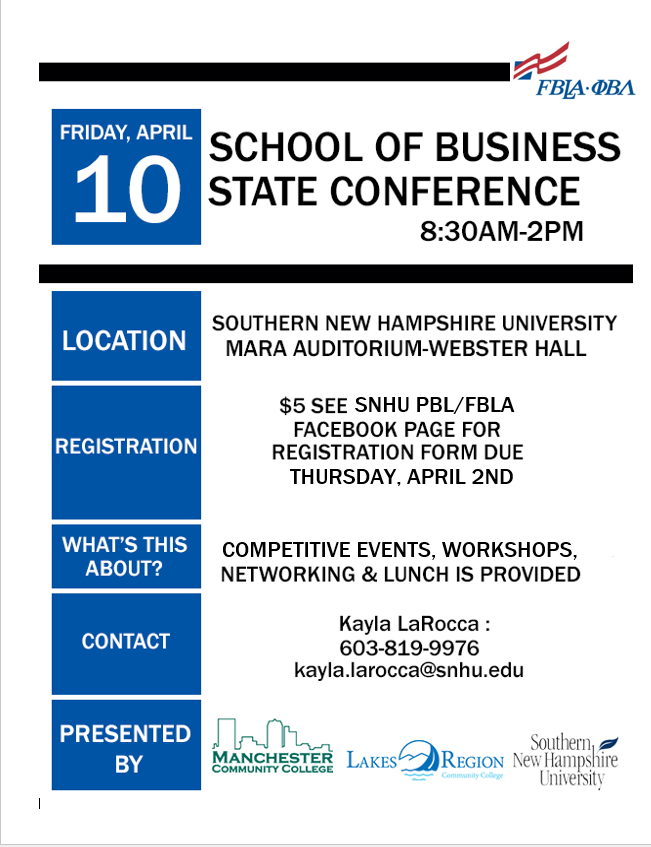 FBLA-PBL State Conference on April 10th open to all <a href="/SNHUOnCampus/">SNHU On Campus</a> students. Register by April 2nd @SNHUBusiness