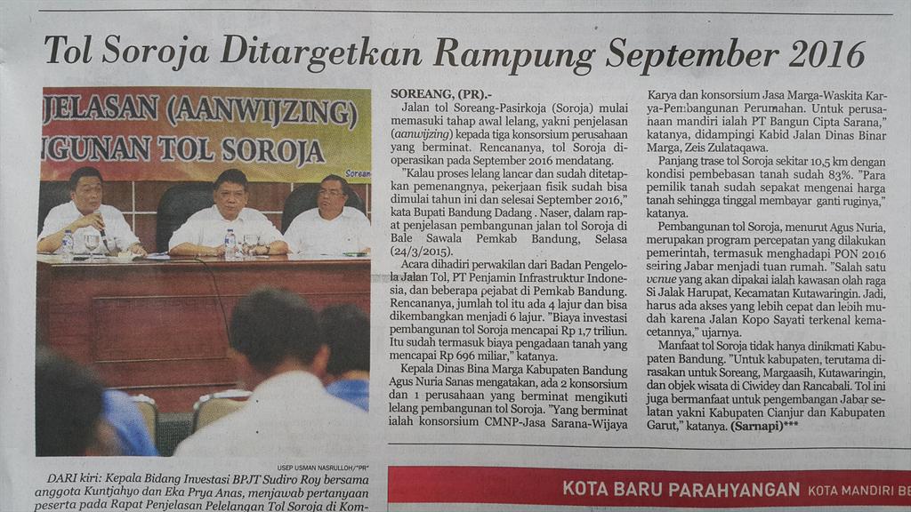 Alhamdulillah pemerintah pusat melalui Kementerian PU PERA pun mendukung Gerakan Sabilulungan Bupati Bandung H Dadang