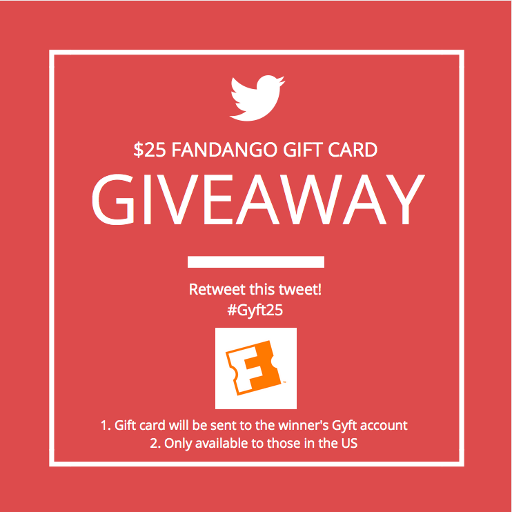 RT this tweet for a chance to win a $25 <a href="/Fandango/">Fandango</a> gift card! #Gyft25 (1 winner, ends 3/30) #Fandango <a href="/gyft/">gyft</a> #gyftapp