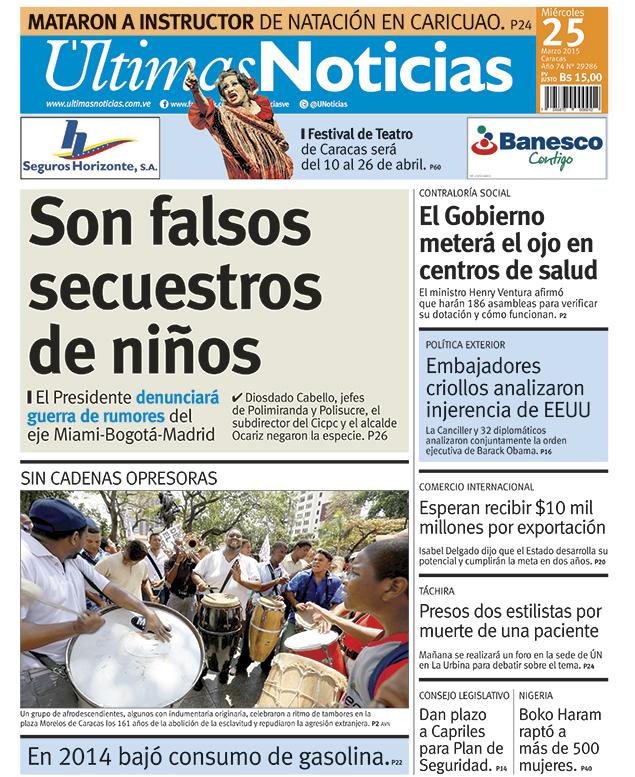 UNoticias's tweet image. "Son falsos secuestros de niños" titula nuestra #portada de mañana #25M Más titulares aquí ultim.as/1CooFlO