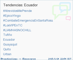 trendinaliaEC's tweet photo. #LosVIPEnTC acaba de convertirse en TT ocupando la 4ª posición en Ecuador. Más en http://t.co/ImTx1SVT8w #trndnl http://t.co/T2afWBQMXv