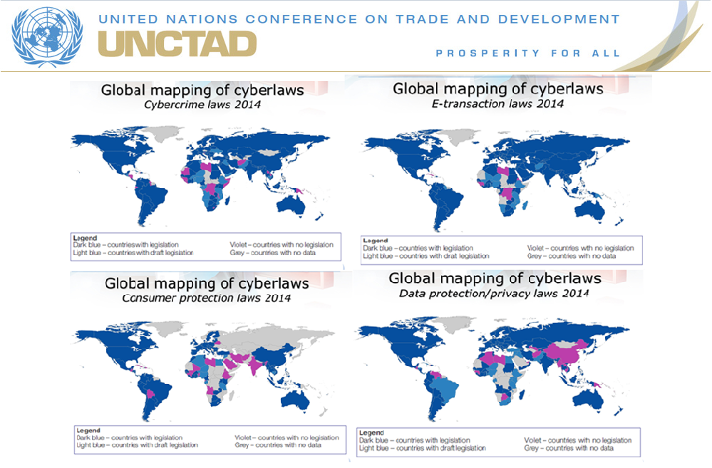 UNCTAD's tweet photo. Many countries have etransaction and cybercrime laws but consumer &amp; data protection are still lagging #infographics http://t.co/Dagst7O0n2