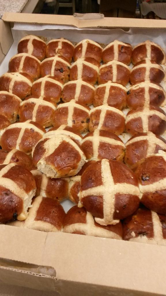 Daily delivery of <a href="/TBF_BREAD/">The Bread Factory</a> hot cross buns for our festive brownies, truffles and caramel #easter