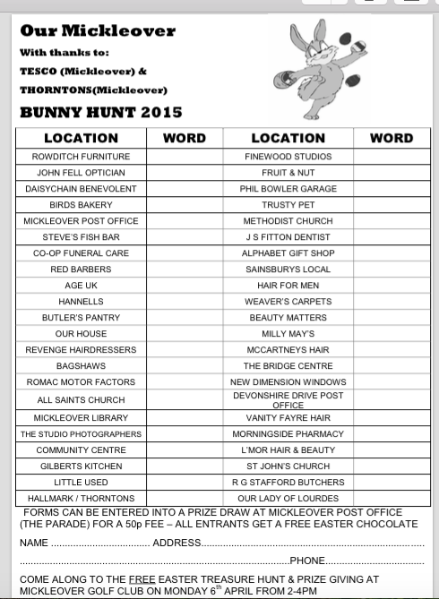 OURMICKLEOVER's tweet photo. Bunny Hunt entry forms being distributed thru' schools from 2day &amp; available at Post Office! Or print out from here http://t.co/5iTtY1u3GL