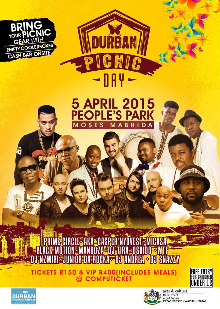 WozobonaMedia's tweet photo. go to @Computicket &amp; get tickets to the #DbnPicnicDay5April. Tell a friend 2 tell their friends 2 bring their chomees http://t.co/tqTxzBEOCY