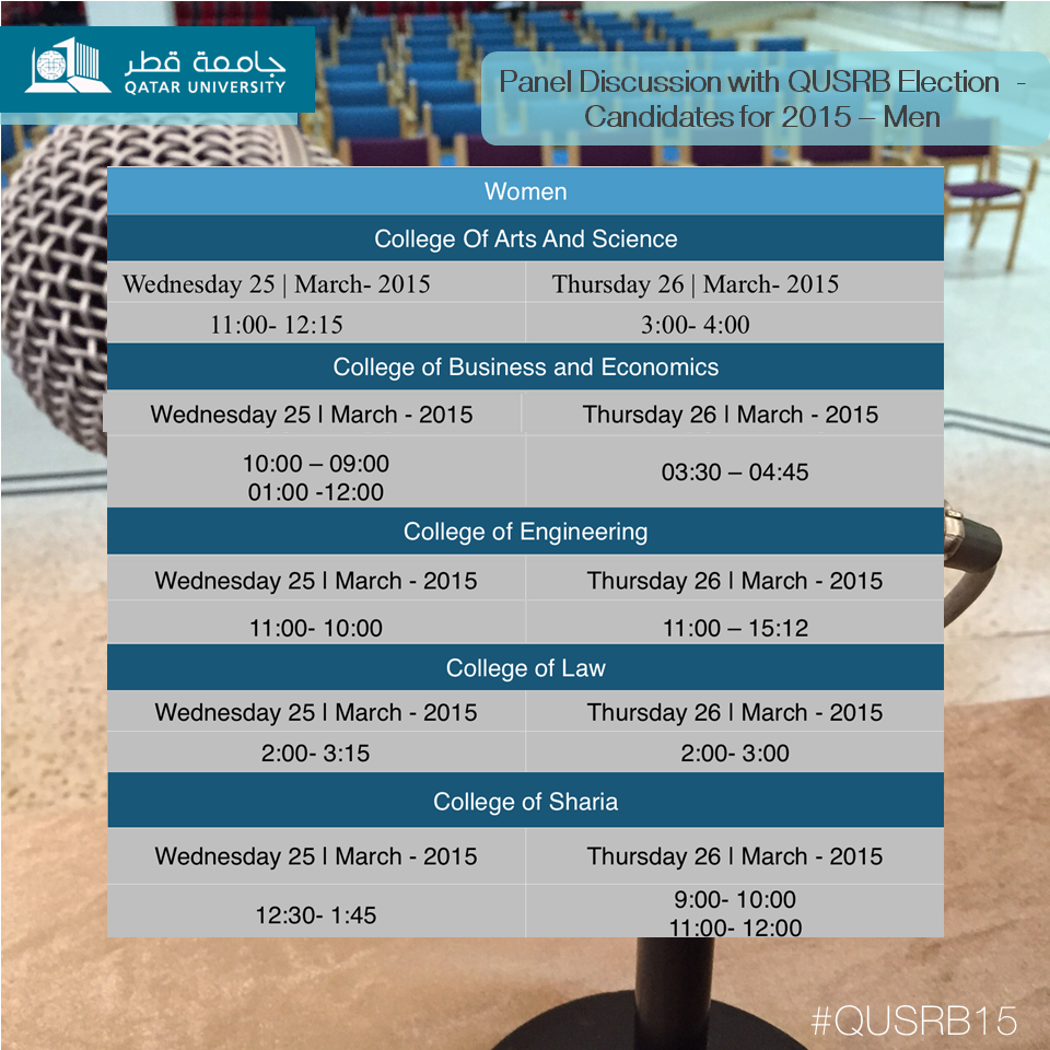 QatarUniversity's tweet photo. We invite you to attend the Panel Discussion with #QUSRB15 Election Candidates for 2015. http://t.co/tXrIJ4U6ol