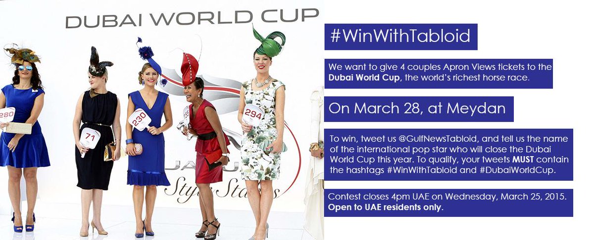 GulfNewsTabloid's tweet photo. Here you go: #WinWithTabloid Apron Views tickets to the #DubaiWorldCup. Good luck! http://t.co/d605tnPOI3