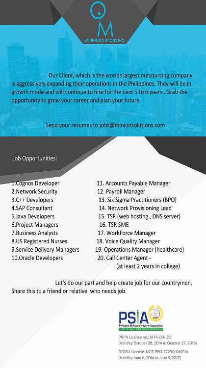MinionSolutions's tweet photo. Job Openings Junior and Senior are welcome to apply @ Minion Solutions Inc. (MSI) #jobopportunity #minionsolutions http://t.co/cQQHshQuAq