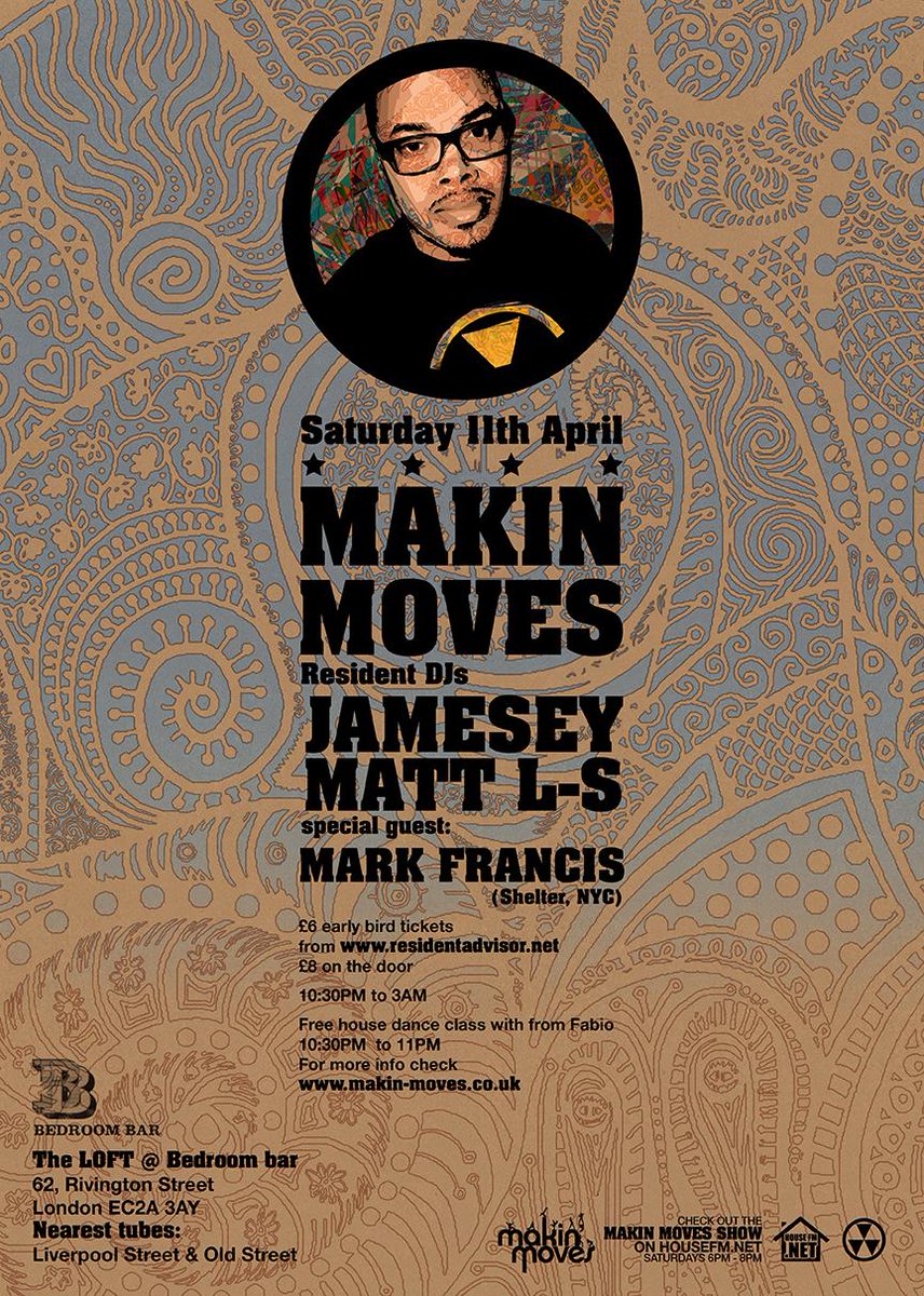 Matt L-S (@makinmovesuk) on Twitter photo Next Sat 11th April catch us alongside Mark Francis (Shelter, NYC) £6 b4 11.30pm! <a href="/Therealmfrancis/">DJ Mark Francis</a> #shoreditch Next Sat 11th April catch us alongside Mark Francis (Shelter, NYC) £6 b4 11.30pm! <a href="/Therealmfrancis/">DJ Mark Francis</a> #shoreditch