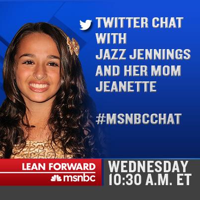 MSNOWNews's tweet photo. Coming up at 10:30am ET, we'll host a Twitter chat with @iamjazztrans! Tweet Qs via #msnbcchat http://t.co/pcIm8fRXK6 http://t.co/aJcdbSw0EH