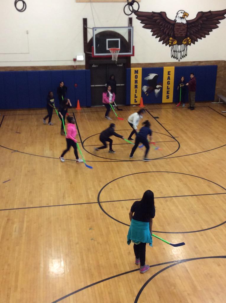 MorrillPE's tweet image. Middle school playing floor hockey as part of Gym Games