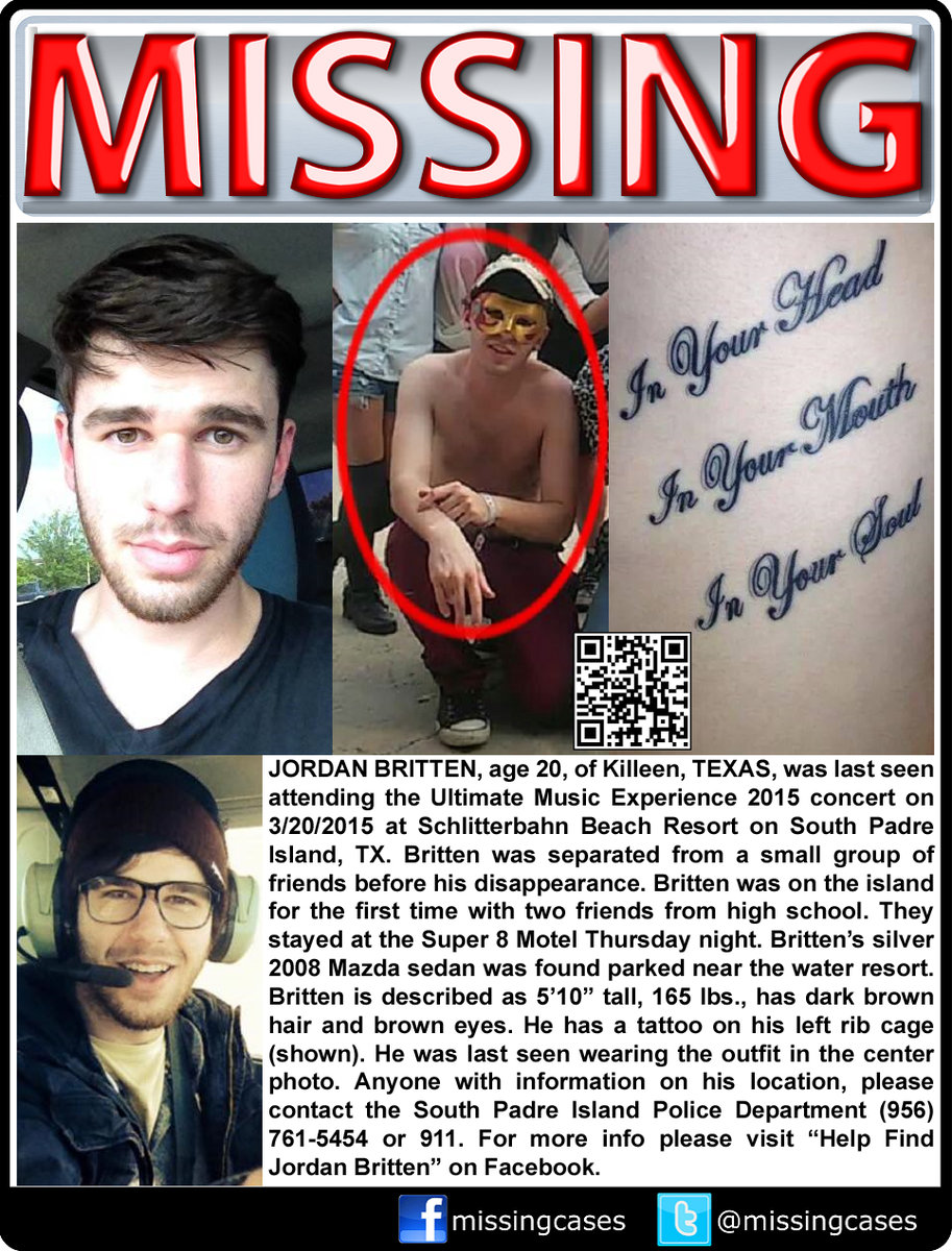 MissingCases's tweet photo. RT #HelpFindJordanBritten #missing Jordan Britten last seen at #UME concert #SPI #TEXAS https://t.co/oZBLLvZp2a http://t.co/rHQt3RjKUJ