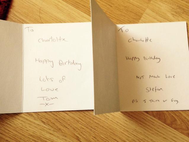 CharlotteCroww's tweet photo. These are actual birthday cards I received from my brothers one year. Why do I feel so loved? http://t.co/miSQVmhuPm